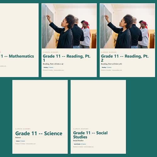 Homeschool Resource Co. Grade 11 curriculum covers Mathematics, Reading, Science, and Social Studies for homeschooling students.