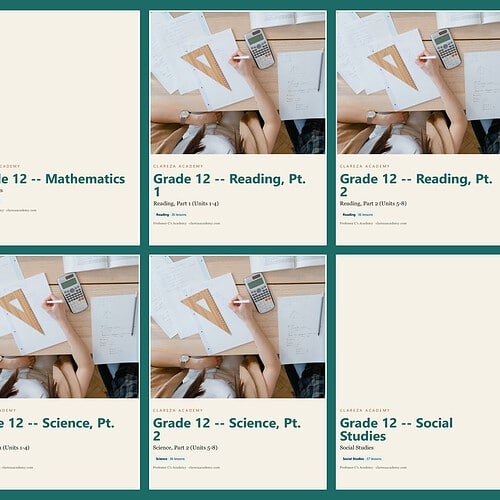Homeschool resource materials for Grade 12 subjects including Mathematics, Reading, Science, and Social Studies with textbooks, calculator, and stationery on a desk.