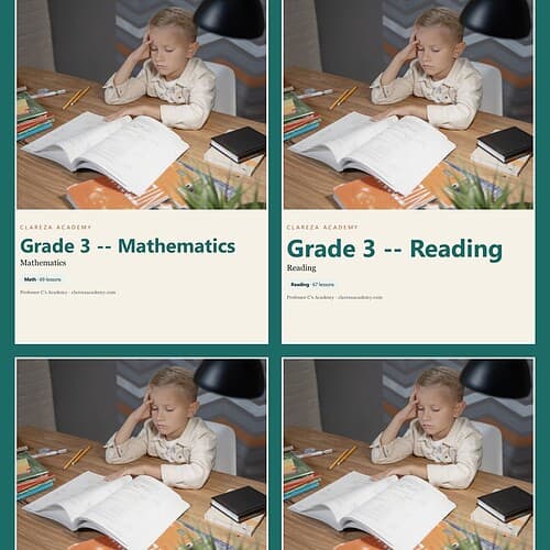 Young girl studying at a desk with open books and school supplies, representing Grade 3 homeschooling subjects.