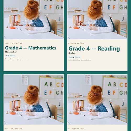 Homeschool Resource Co. Grade 4 curriculum books for Mathematics, Reading, Science, and Social Studies with a young girl studying at a desk.