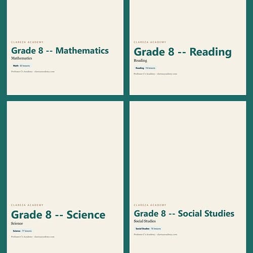 clareza-year-grade8.jpg Set of four Grade 8 homeschool textbooks for Mathematics, Reading, Science, and Social Studies from Homeschool Resource Co.