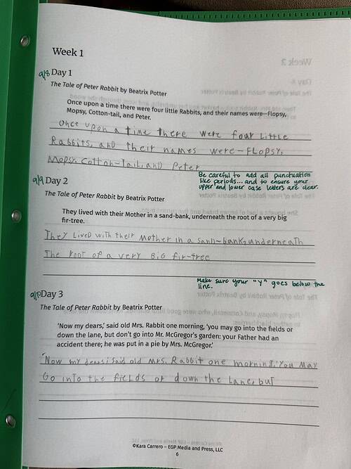 copywork example 1 Homeschool resource page with handwritten story about Peter Rabbit by Beatrix Potter, including daily summaries and teacher notes.