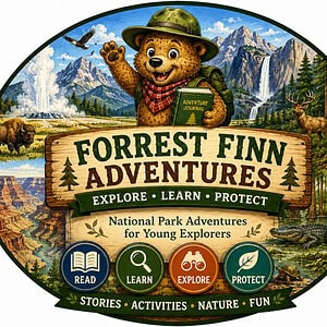 cropped-00.jpg Forrest Finn Adventures logo featuring a bear in explorer gear with mountains, waterfalls, and wildlife in the background.