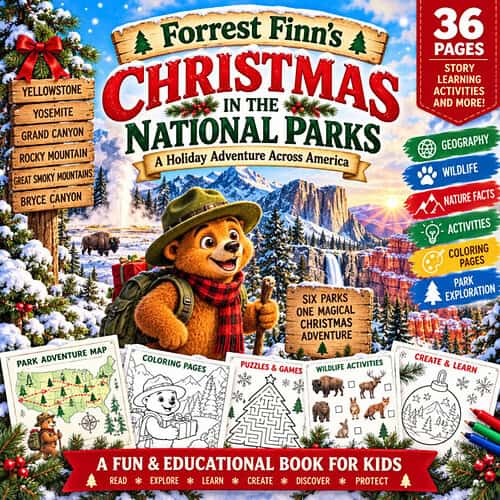 Colorful cover of 'Forrest Finn's Christmas in the National Parks' educational book for kids, featuring a bear in a hat and scarf with park scenes and activities.