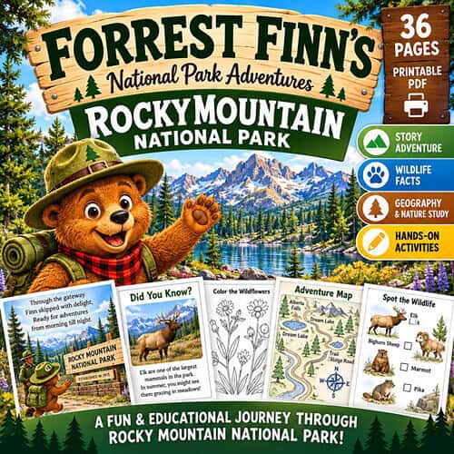 Rocky Mountain National Park adventure book with colorful illustrations, wildlife facts, and hands-on activities for kids.