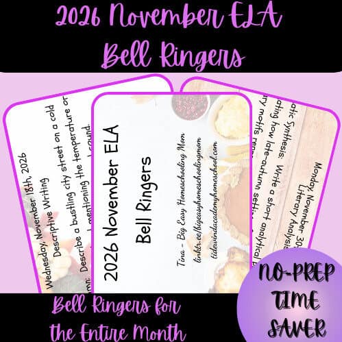 Homeschool Resource Co. November ELA bell ringers for the entire month, designed to enhance student engagement and literacy skills.
