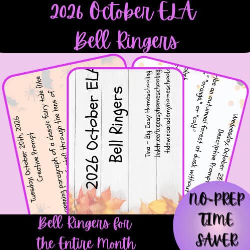 2026 October ELA bell ringers for homeschool, featuring fall leaves and colorful design, perfect for engaging students in language arts activities.