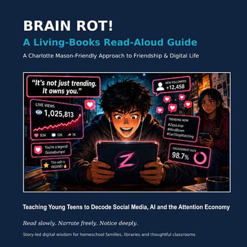 cropped-Brain-Rot-page-1-1.jpg Cover of 'BRAIN ROT! A Living-Books Read-Aloud Guide' showing a young person engaging with social media content on a tablet.