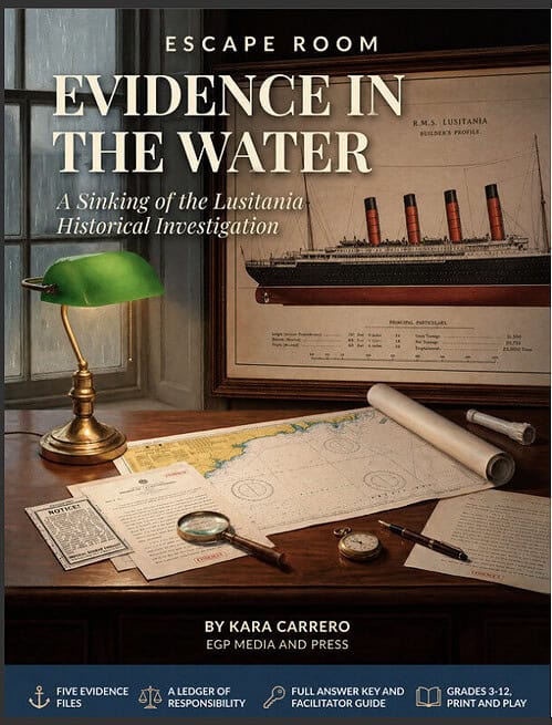 cropped-Screen-Shot-2026-09-02-at-10.25.29-AM.jpg Homeschool resource book cover titled 'Evidence in the Water' with historical investigation theme, featuring a ship diagram, maps, and investigative tools on a wooden desk.