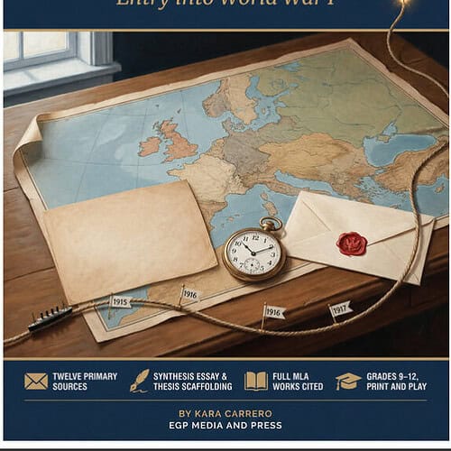 Cover of 'The Long Fuse' history book showing a world map, vintage clock, and sealed letter, emphasizing World War I history for homeschool resources.