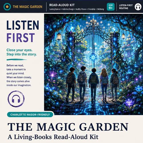 cropped-TMG-PAGE-1A.jpg Children exploring a magical, illuminated garden with glowing trees and ornate gates, perfect for homeschool storytelling and imaginative learning.