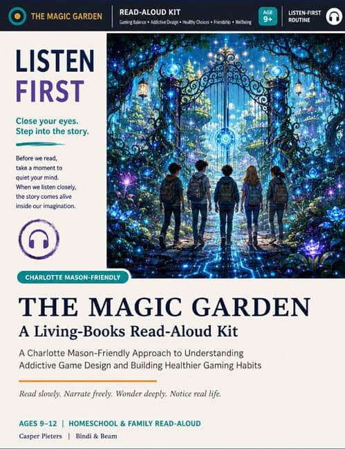 cropped-TMG-PAGE-1A.jpg Children exploring a magical, illuminated garden with glowing trees and ornate gates, perfect for homeschool storytelling and imaginative learning.