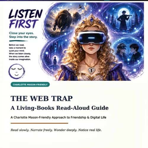 cropped-TWT-HRC-panel-1-1.jpg Book cover for 'The Web Trap' by Charlotte Mason-Friendly, featuring a girl with a VR headset surrounded by digital and fantasy elements.