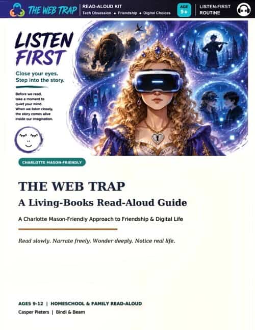 cropped-TWT-HRC-panel-1-1.jpg Book cover for 'The Web Trap' by Charlotte Mason-Friendly, featuring a girl with a VR headset surrounded by digital and fantasy elements.