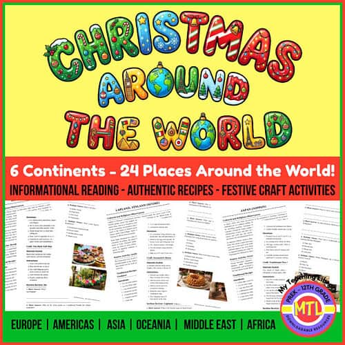 Colorful Christmas Around the World graphic with festive text and images of recipes and craft activities for homeschool learning.