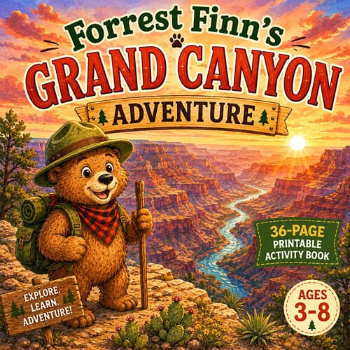 Cover of Forrest Finn's Grand Canyon Adventure activity book for children ages 3-8, featuring a cartoon bear with a backpack and hiking stick overlooking the Grand Canyon at sunset.