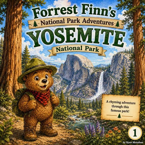 cropped-cropped-FFYose-Page-1.jpg Colorful children's book cover titled 'Forrest Finn's Yosemite National Park Adventures' featuring a cute bear in hiking gear in a scenic mountain landscape.