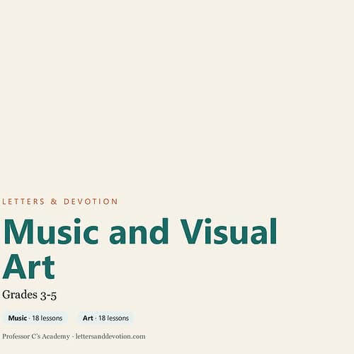 Educational poster for Music and Visual Art for grades 3-5, featuring lessons on music and art with a clean, minimal design.