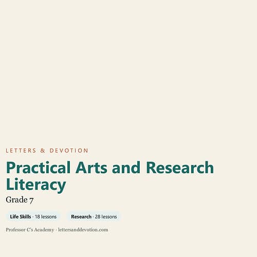 Cover page of 'Practical Arts and Research Literacy' for Grade 7, focusing on arts and research skills for homeschool students.