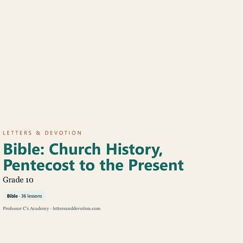 Book cover titled 'Bible: Church History, Pentecost to the Present' for homeschool curriculum, Grade 10, focusing on biblical history and church development.