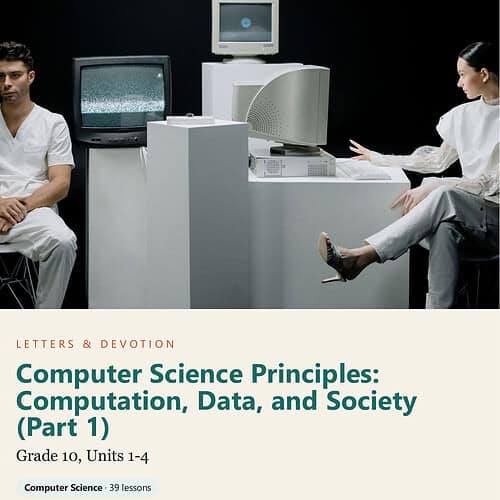 Students in a computer science classroom working with vintage computers and monitors, illustrating principles of computation and data.