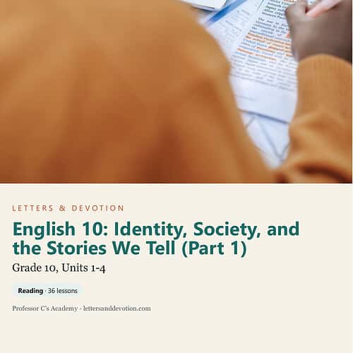 Close-up of a student reading an English textbook on identity, society, and storytelling, with a tablet and notes nearby, for homeschooling educational resources.