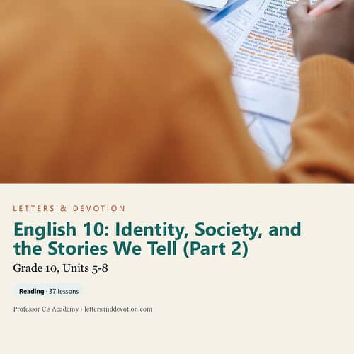 Student studying English 10 curriculum with tablet and printed materials for homeschooling.