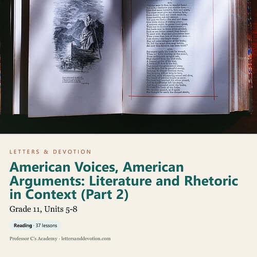 Open book with a black and white illustration on the left page and text on the right, used for educational purposes in literature and rhetoric studies.