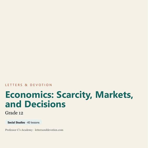 Cover of Economics: Scarcity, Markets, and Decisions textbook for Grade 12, featuring a minimalist design with text about social studies lessons.