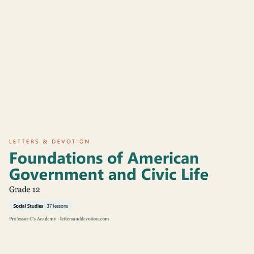 letters-devotion-g12_foundations_of_american_government_and_civic_life.jpg Cover image of 'Foundations of American Government and Civic Life' for Grade 12, featuring a minimalist design with text about social studies lessons.