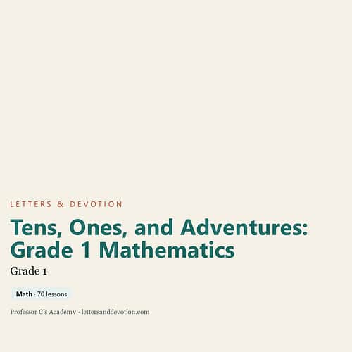Cover of Grade 1 Mathematics workbook titled 'Tens, Ones, and Adventures' by Professor C's Academy for homeschool learning.