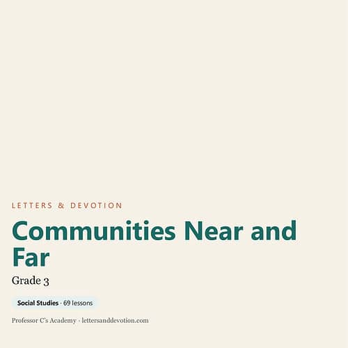 Educational worksheet titled 'Communities Near and Far' for Grade 3 social studies, featuring lessons on local and global communities.