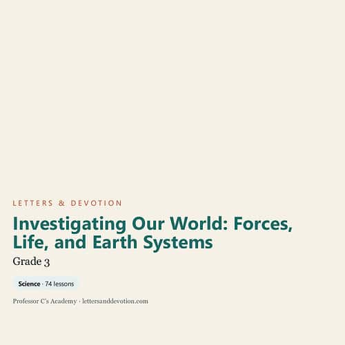 letters-devotion-g3_investigating_our_world_forces_life_and_earth_systems.jpg Educational book cover titled 'Investigating Our World: Forces, Life, and Earth Systems' for Grade 3 science curriculum.