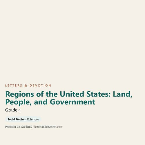 letters-devotion-g4_regions_of_the_united_states_land_people_and_government.jpg Cover of homeschool curriculum book titled 'Regions of the United States: Land, People, and Government' for Grade 4, focusing on US geography and civics.