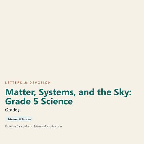 Cover page of Grade 5 science curriculum titled 'Matter, Systems, and the Sky' from Letters & Devotion series.