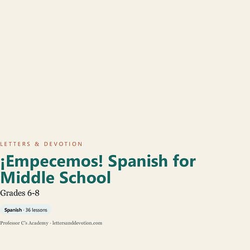 Spanish language learning resource for middle school students, featuring 36 lessons for grades 6-8 from Homeschool Resource Co.