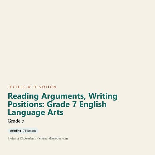 Cover page of Grade 7 English Language Arts curriculum with title 'Reading Arguments, Writing Positions' from Homeschool Resource Co.