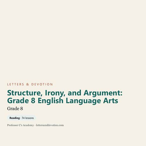Cover page of Grade 8 English Language Arts curriculum focusing on structure, irony, and argument with 74 lessons for homeschool students.