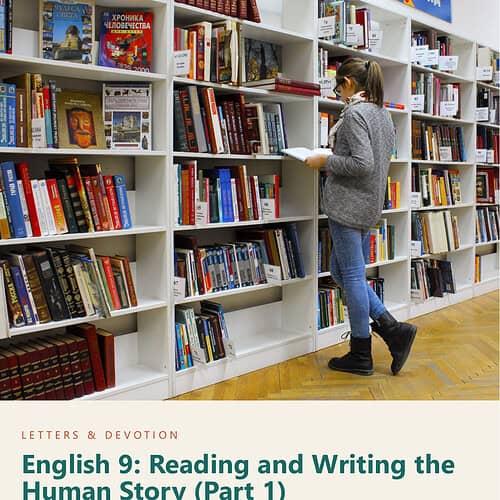 Young girl browsing bookshelves in a homeschool resource store, focusing on educational materials for English reading and writing.