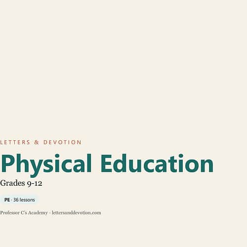 Homeschool Resource Co. physical education curriculum for grades 9-12, featuring letters and devotion on a clean, minimalistic cover design.