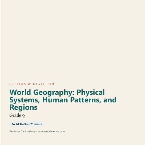 Cover of 'World Geography: Physical Systems, Human Patterns, and Regions' for Grade 9 homeschool curriculum by Letters & Devotion.