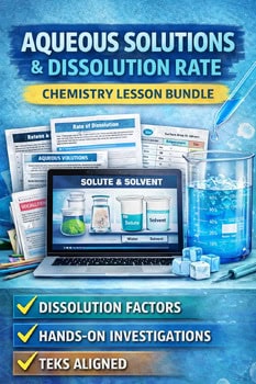 Educational materials on aqueous solutions, dissolution rate, and chemistry lessons with lab experiments and digital resources.