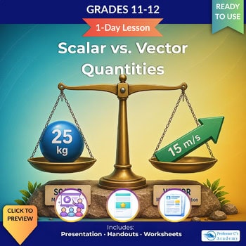 original-11980613-1.jpg Educational image showing scalar and vector quantities with a scale balancing a 25 kg ball and an arrow indicating 15 m/s.