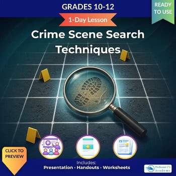 original-12046458-1.jpg Crime Scene Search Techniques educational resource for grades 10-12, featuring a magnifying glass over a grid with evidence markers, ideal for homeschooling science and forensic studies.
