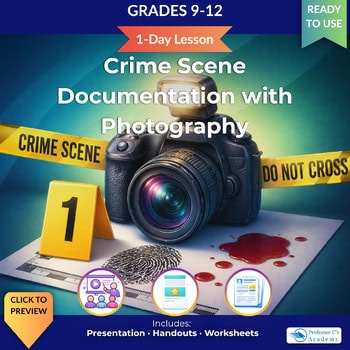 Homeschool resource for crime scene documentation with photography, including a camera, evidence markers, and forensic tools for grades 9-12.