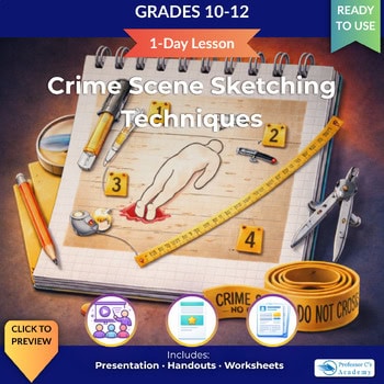 Crime scene sketching techniques educational material for grades 10-12, featuring drawing tools, measuring tape, and crime scene tape on a notebook.