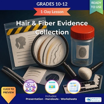 Hair and fiber evidence collection kit with magnifying glass, fingerprint jar, and forensic tools for crime scene investigation.