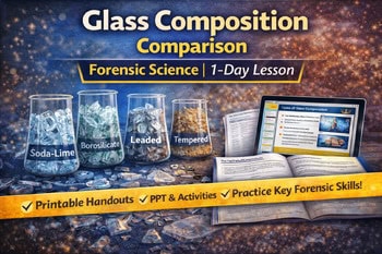 original-12062705-1.jpg Glass composition comparison for forensic science with test tubes and a tablet showing analysis results.