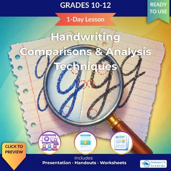 Educational resource for grades 10-12 focusing on handwriting comparison and analysis techniques, featuring a magnifying glass over handwritten words on torn notebook paper.