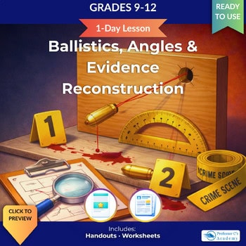 Educational materials for physics, including a protractor, magnifying glass, and evidence markers, for grades 9-12 science lessons on ballistics, angles, and evidence reconstruction.